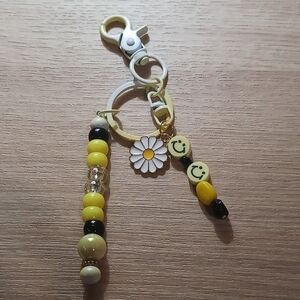 Yellow and Black Beaded Keychain with Smiley Faces